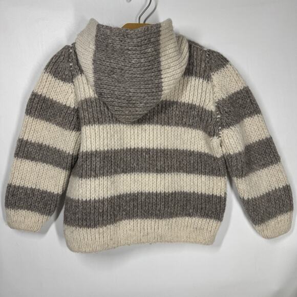 Vintage Thick Hand Cable Knit Striped Hooded Wool Sweater Boys Small Classic - Picture 5 of 7